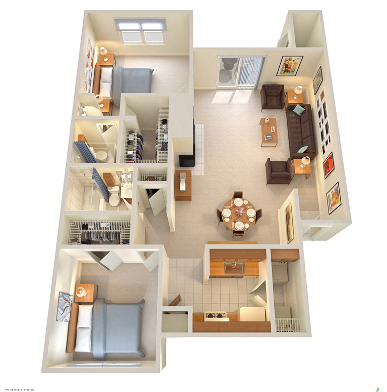 Floor plan for 2 beds, 2 baths, 1013 sqft